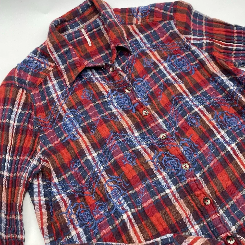 Free People Magical Red Plaid Top Women's Casual Button down Shirt Size Small